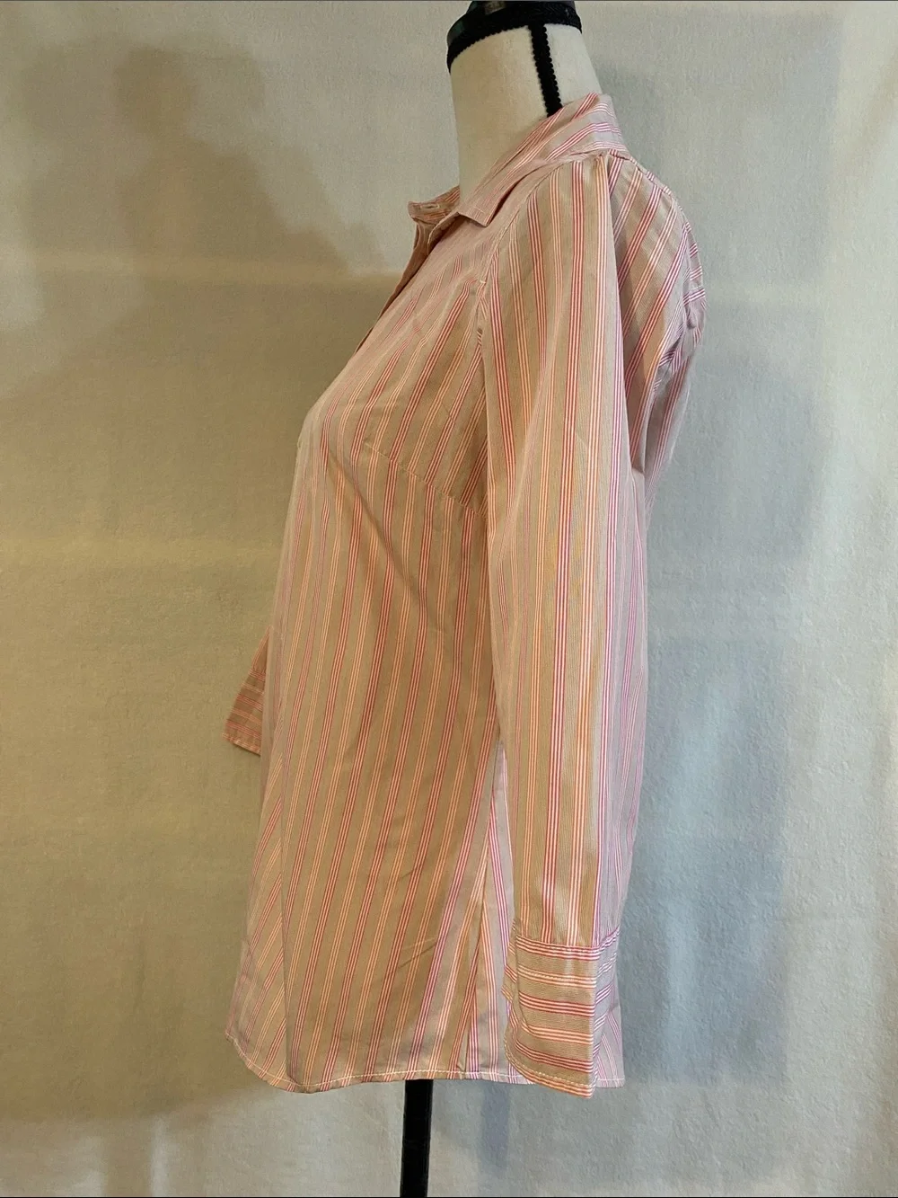 J. Crew 3/4 sleeve pink brown white striped cotton button down shirt